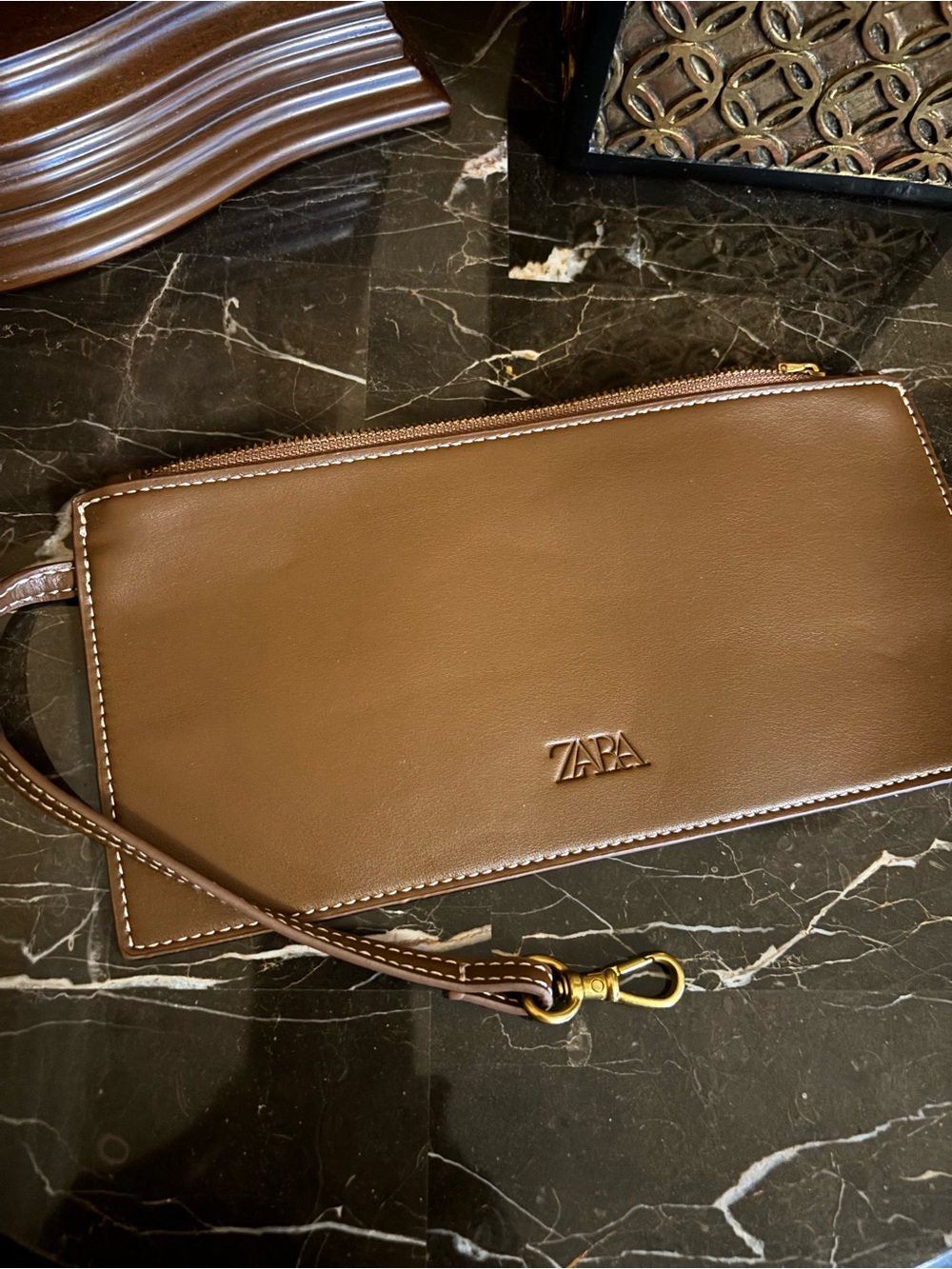 ZARA Brown faux Leather Toiletry Pouch with strap to clip on
